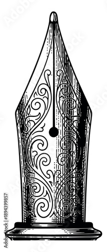 Hand drawn line art illustration of a fountain pen nib depicting an ornate design for writing and literature concepts