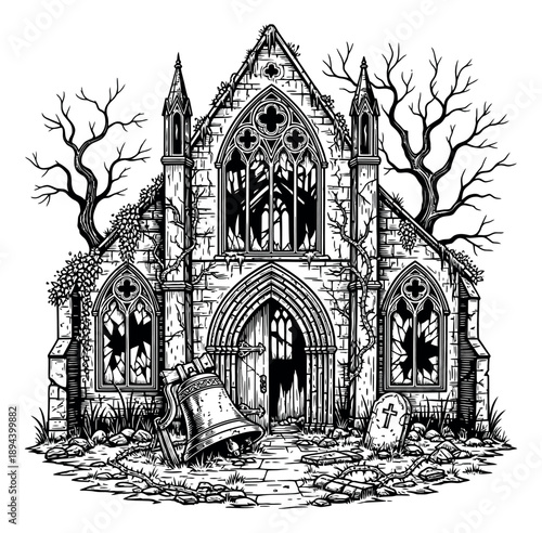 Hand drawn line art illustration of an abandoned gothic church depicting decay and desolation for halloween and horror themes