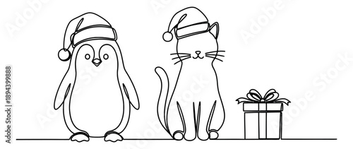 Continuous line art Christmas animals set featuring a penguin, a cat, and a gift box for holiday celebration