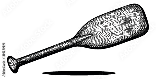 Hand drawn line art illustration of a wooden paddle depicting wood grain texture for outdoor and marine themes