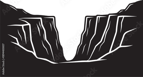 Black and white illustration of deep rocky canyon landscape