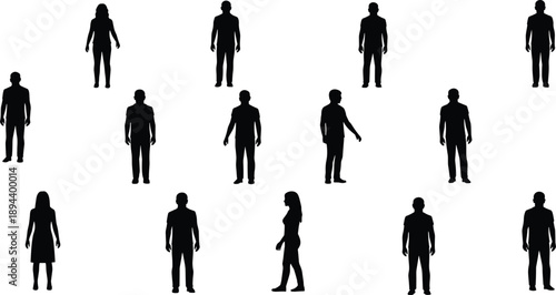Human silhouettes set, men and women standing, front and side views, full body figures, isolated people collection illustration