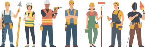 Construction workers team illustration showing diverse professional builders with tools uniforms helmets flat vector isolated on white background design style