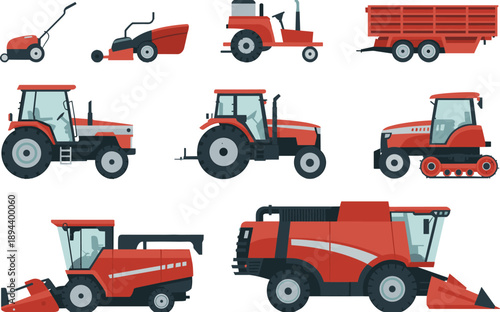 Farm agriculture machinery vector set featuring tractors mower trailer harvester combine vehicles isolated flat illustration for modern farming equipment collection