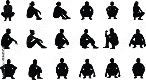 Human squatting silhouettes collection, different poses, male and female figures, body position reference, side view, black shadow set