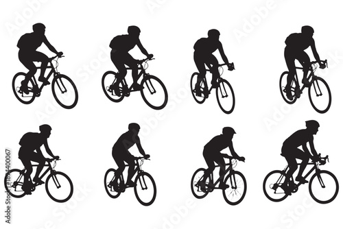 A black silhouette of a cyclist riding a bicycle in various positions on a white background