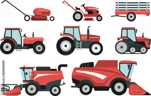 Farm agriculture machinery vector set featuring tractors mower trailer harvester combine vehicles isolated flat illustration for modern farming equipment collection
