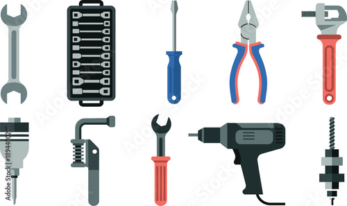 Hand tools vector illustration set featuring wrench screwdriver pliers drill bits toolbox repair equipment flat design isolated white background
