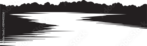 Serene black and white landscape of water and trees