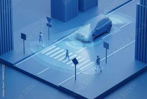 Autonomous electric car detects pedestrians at a crosswalk using sensor technology. Futuristic smart city concept with digital safety and self-driving vehicle features in urban environment.