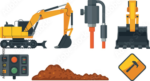 Isometric construction excavator vector set with hydraulic breaker bucket control panel soil pile safety sign isolated industrial machinery elements illustration