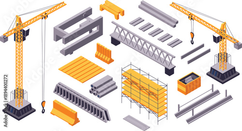 Isometric construction site elements vector illustration with cranes concrete beams scaffolding materials industrial building components isolated white background