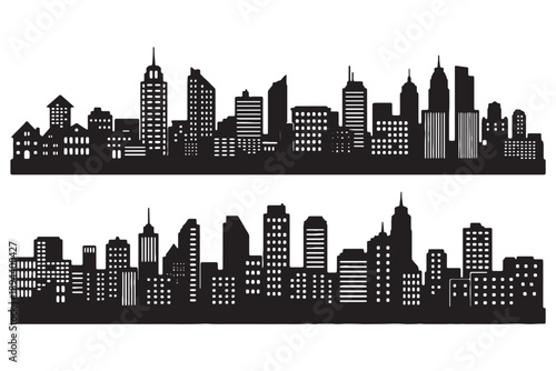A black and white illustration of two city skylines with various buildings and skyscrapers