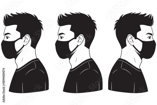 An illustration of a man wearing a face mask shown from different angles.