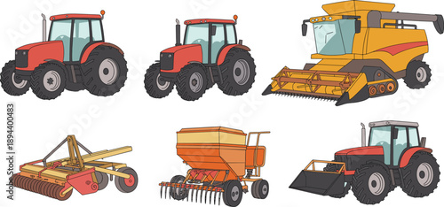 Isometric farm machinery vector illustration featuring red tractors combine harvester seeder roller plow modern agriculture equipment set