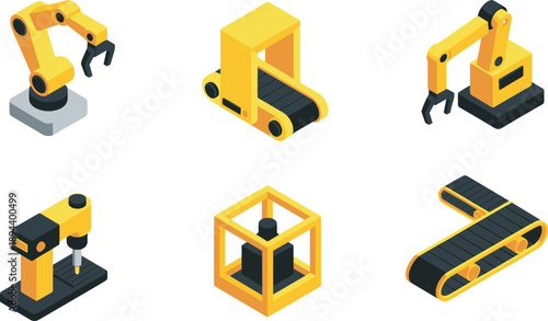 Isometric industrial automation vector icons featuring yellow robotic arms conveyor belts machines tools smart factory equipment elements set