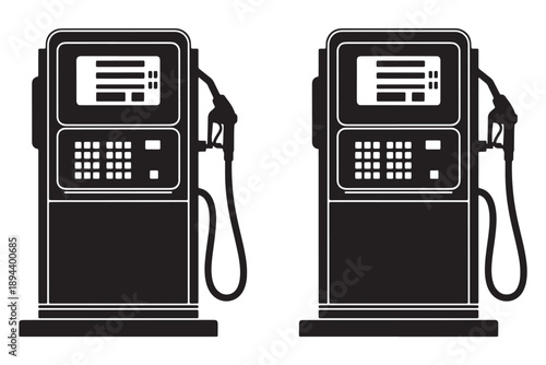 Two black and white gas pumps standing side by side on a plain background