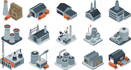 Isometric industrial factory buildings and manufacturing facilities illustration set with warehouses plants chimneys logistics trucks and production infrastructure