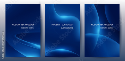 Abstract Blue Curve Technology Poster and Cover Template Set with Glowing Lines