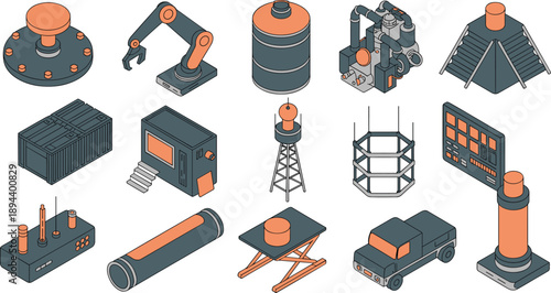 Isometric industrial factory equipment vector illustration set featuring machinery robotics energy storage control panels infrastructure elements for modern manufacturing design