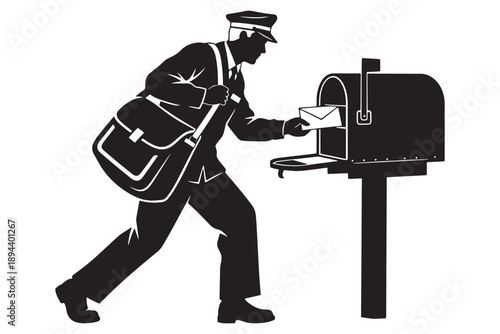 A mailman delivering a letter into a mailbox on a white background