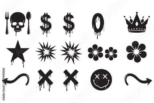 A collection of black graffiti style icons on a white background