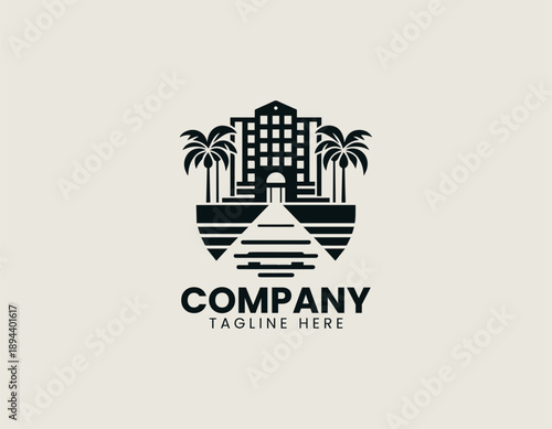 Modern beachfront hotel logo represents tropical resort building with palm trees in clean vector style