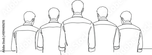 Back view of five standing men, line art illustration, teamwork concept, group unity, minimal outline drawing, anonymous people, perspective