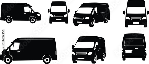 Cargo delivery van silhouette set, commercial transport vehicle icons, multiple angles, logistics transportation illustration, black van vector collection