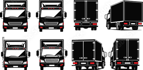 Delivery box truck illustration set, front rear and perspective views, cargo transport vehicle, logistics distribution concept