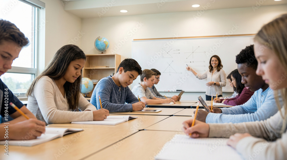 Fototapeta premium Diverse teenage students sit at desks writing in notebooks while a female teacher explains a graph on a whiteboard in a bright modern classroom, concept of education and learning.