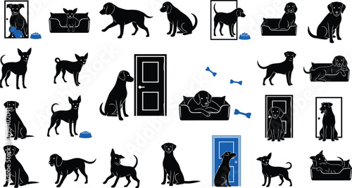 Dog behavior silhouette set, pet activities at home, sitting sleeping playing waiting by door, black vector illustration collection