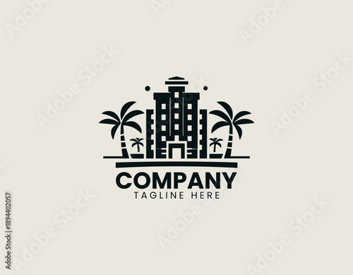 Modern beachfront hotel logo represents tropical resort building with palm trees in clean vector style