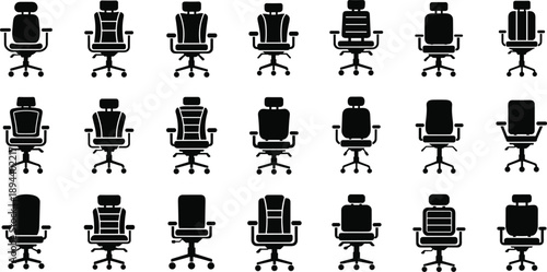 Office chair silhouettes set, ergonomic swivel seats collection, workplace furniture icons, front and back views, vector illustration pack