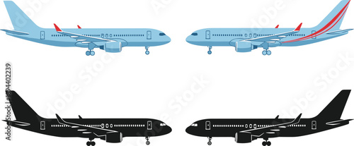 Passenger airplane side view vector set, commercial jet aircraft silhouettes, aviation transport illustration isolated on white background collection