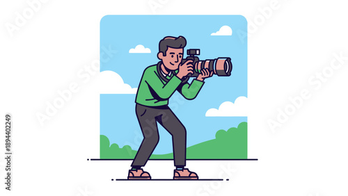 Professional Photographer Capturing Moments with Digital Camera Outdoor.