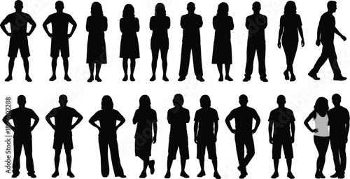 People silhouettes collection, men and women standing, different body shapes, casual poses, full length figures, isolated human set