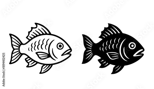 Fish illustration icon, black and white in outline and silhouette style