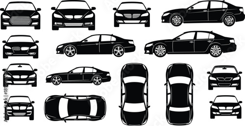 Sedan car silhouettes collection, multiple models and angles, front side top views, modern automobile set, isolated vehicle illustration