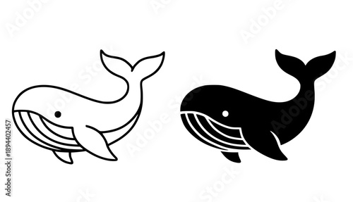 Whale illustration icon, black and white in outline and silhouette style