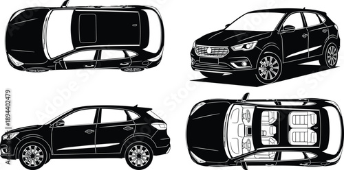SUV car illustration set, front side top interior views, modern crossover vehicle design, detailed automobile presentation, isolated transport