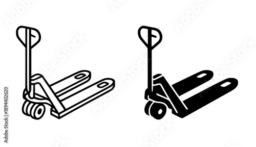 Industrial icon, hand pallet illustration, black and white in outline and silhouette style
