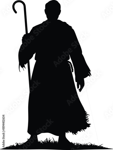 Full body silhouette of a shepherd with a crook and flowing robe, a contemplative figure in black against a white background, evoking biblical imagery