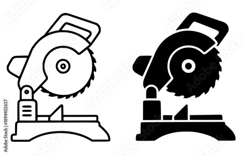Industrial icon, mitre saw illustration, black and white in outline and silhouette style