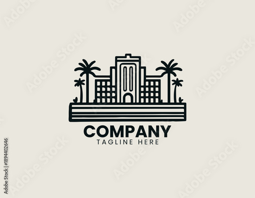 Modern beachfront hotel logo represents tropical resort building with palm trees in clean vector style
