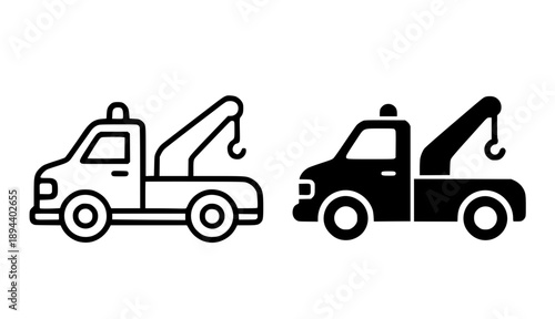 Industrial icon, tow truck illustration, black and white in outline and silhouette style