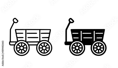 Wagon illustration icon, black and white in outline and silhouette style
