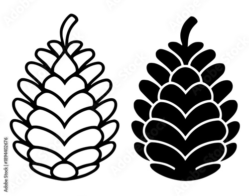 Pinecone illustration icon, black and white in outline and silhouette style