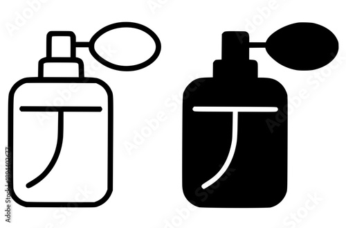 Perfume bottle illustration icon, black and white in outline and silhouette style