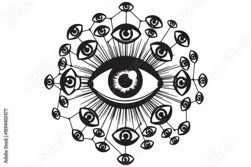 A black and white illustration of a large eye surrounded by smaller eyes connected by lines.